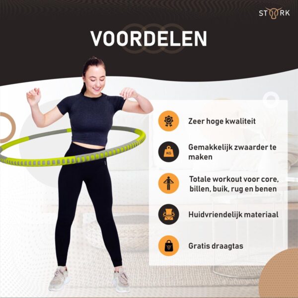 Hula hoop voordelen: kwaliteit, workout, huidvriendelijk, draagtas.