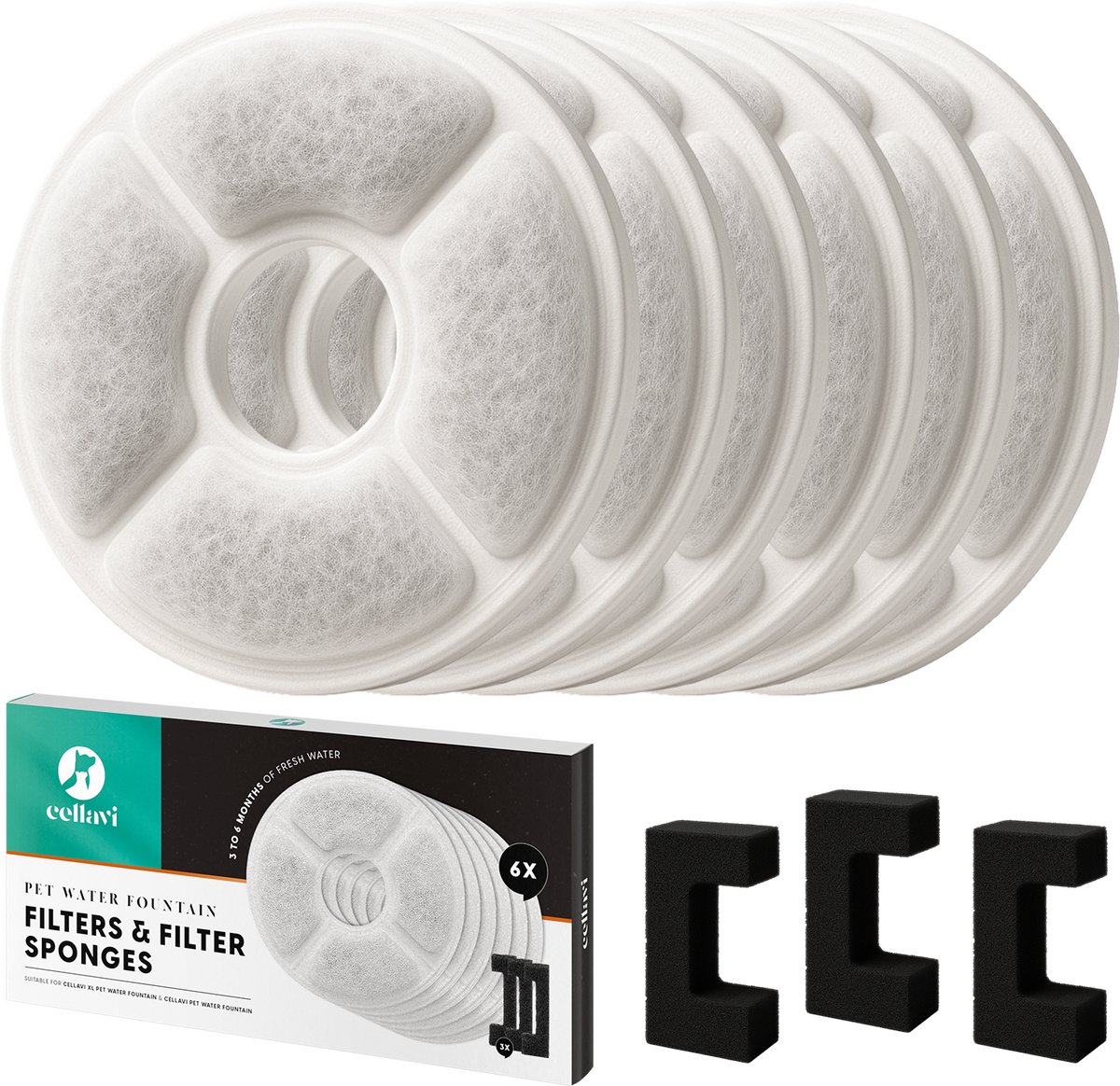 Replacement filters for a pet water fountain, six pieces.