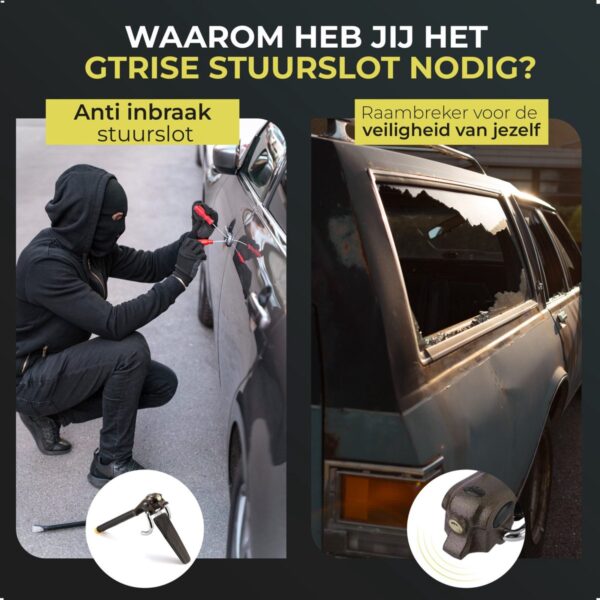 Anti-inbraak stuur- en raambeveiliging bij auto.