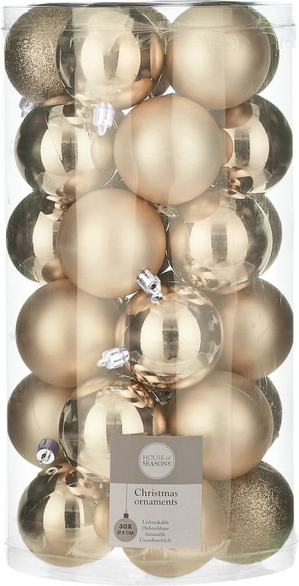 Gouden kerstballen in doorzichtige verpakking, 30 stuks.