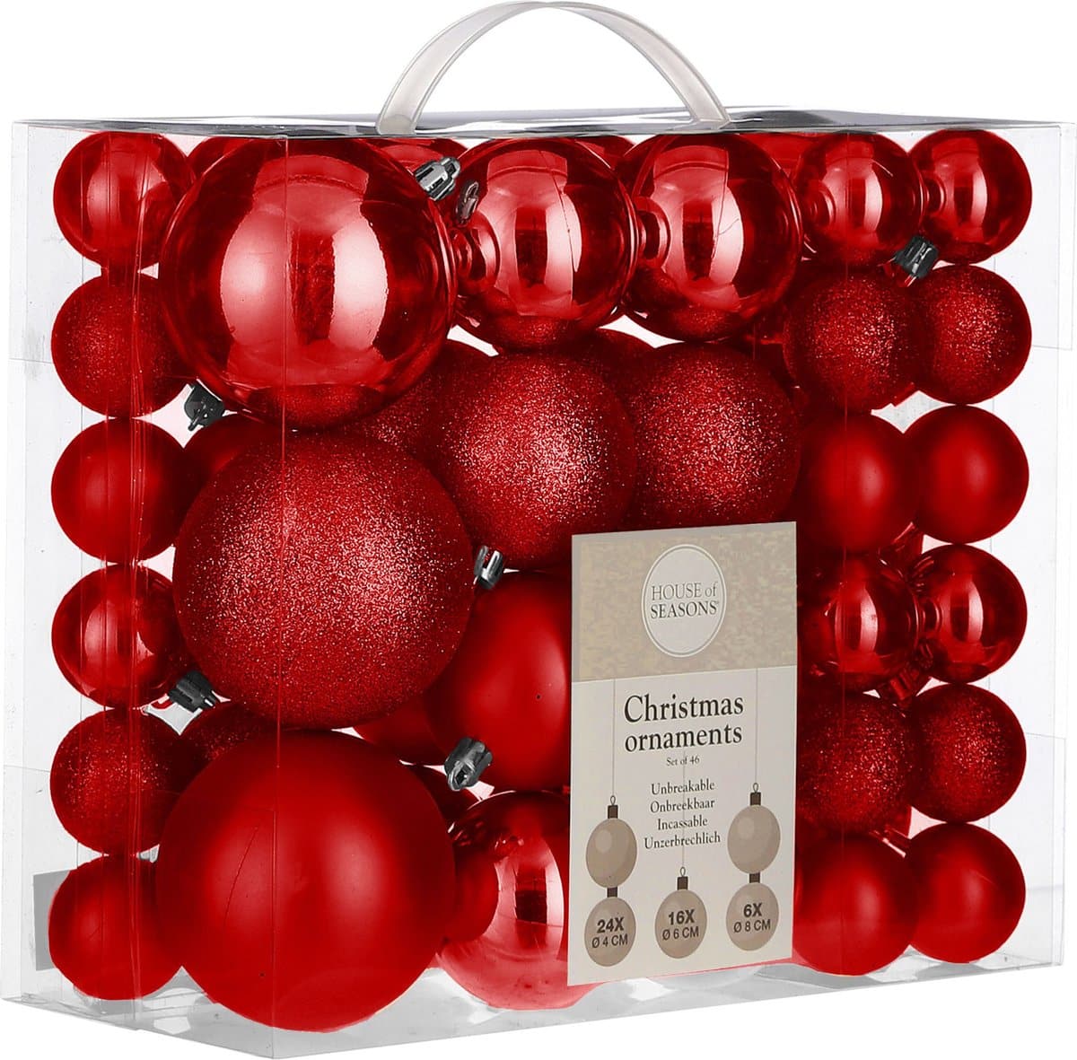 Rode kerstballen in doos, verschillende maten