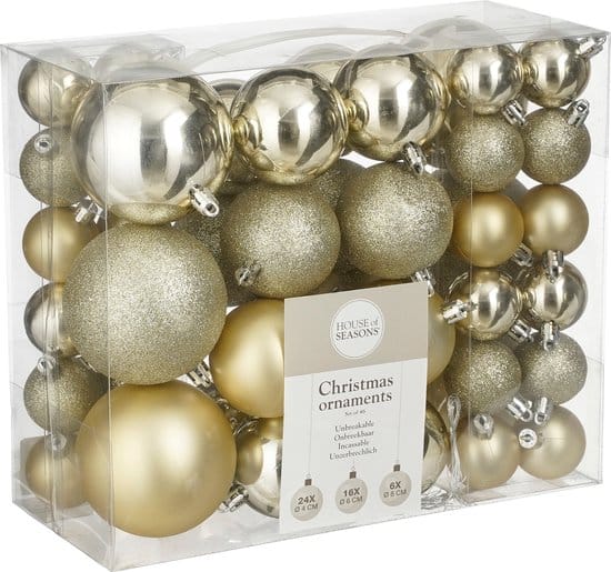 Gouden kerstballen set in transparante doos.