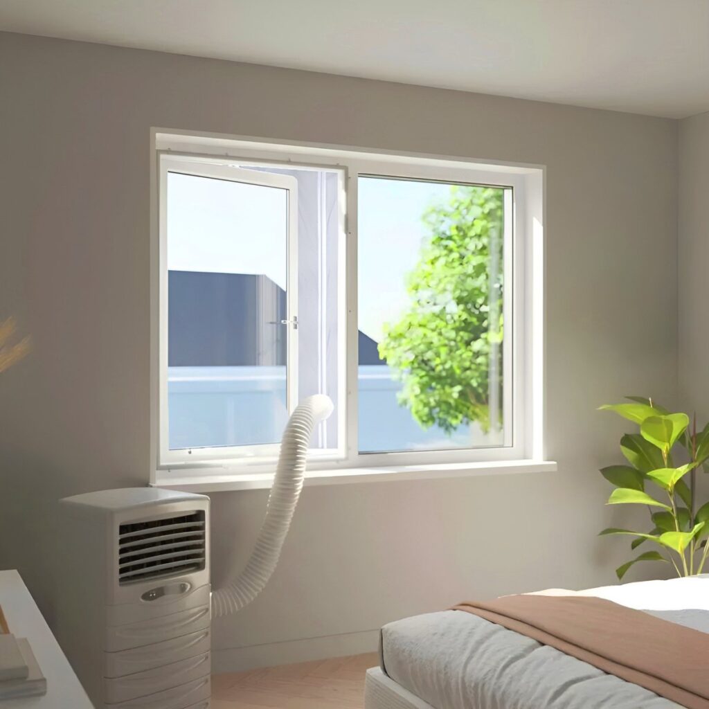 Slaapkamer met open raam en airco-uitlaat