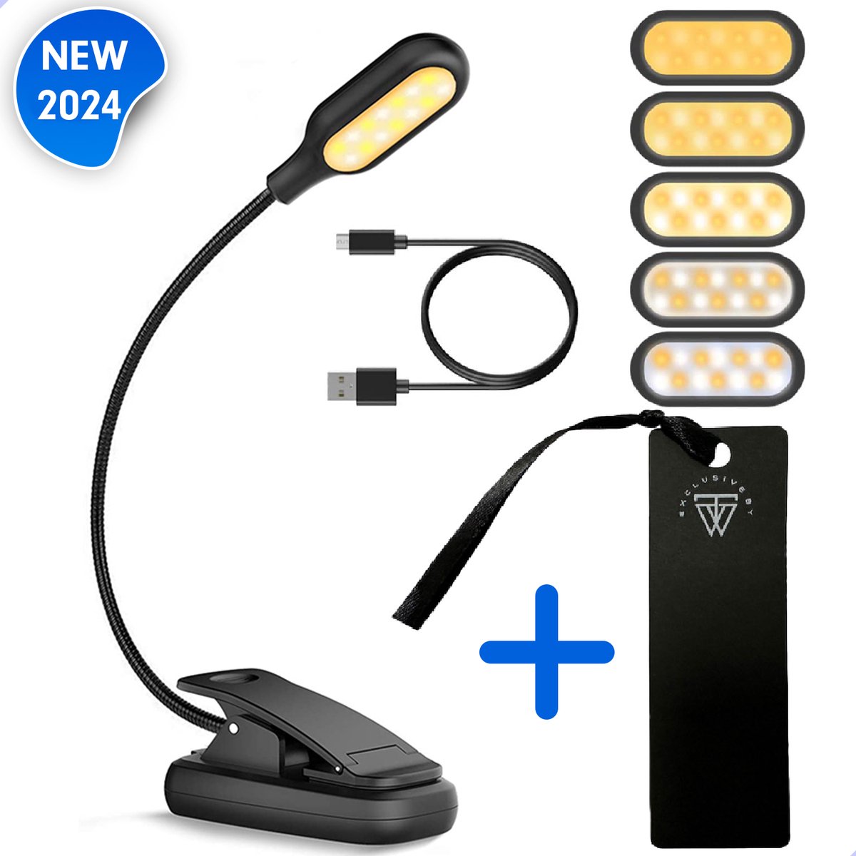 LED-leeslamp met USB-kabel en bladwijzer.
