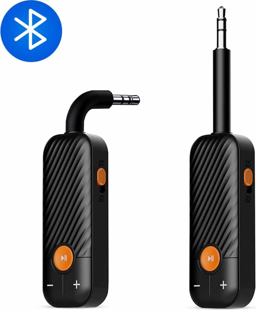 Black Bluetooth audio adapter with 3.5 mm jack.