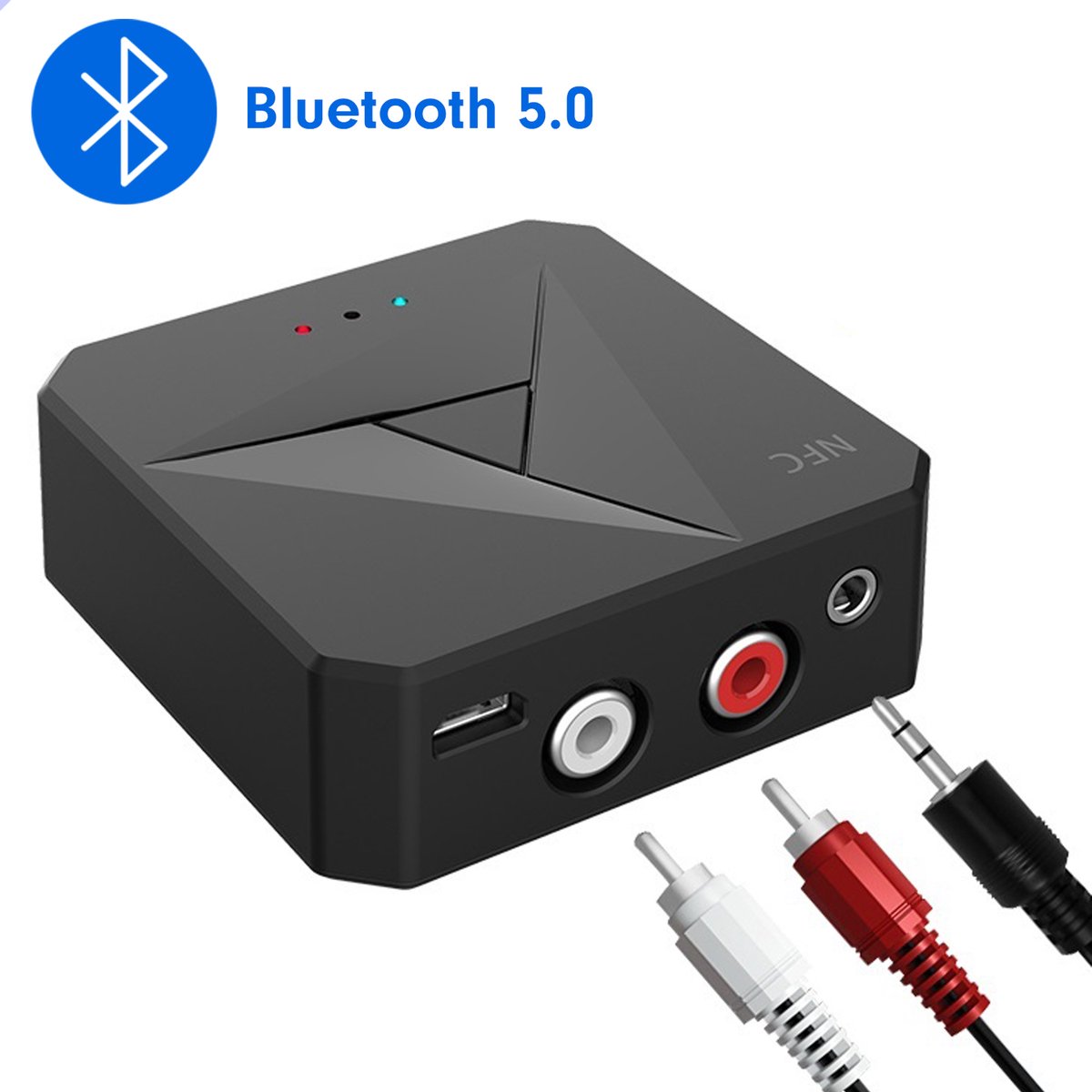 Bluetooth 5.0 audio-adapter met kabels.