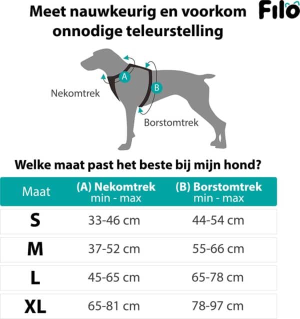 Tabel met hondenharnas maten en meetinstructies.