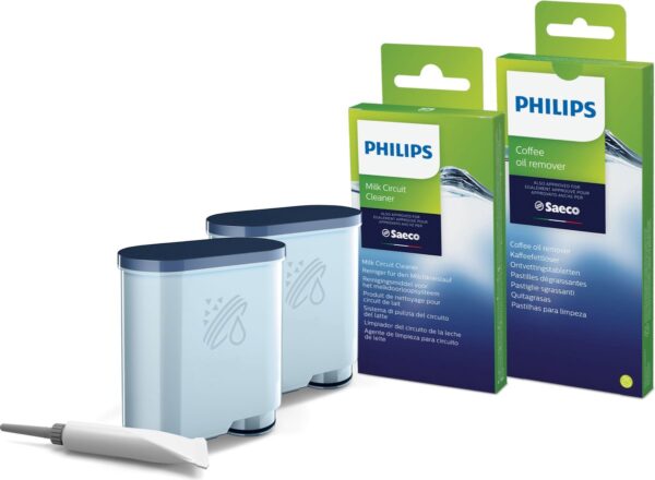 Philips melk- en koffiereiniger producten op witte achtergrond.