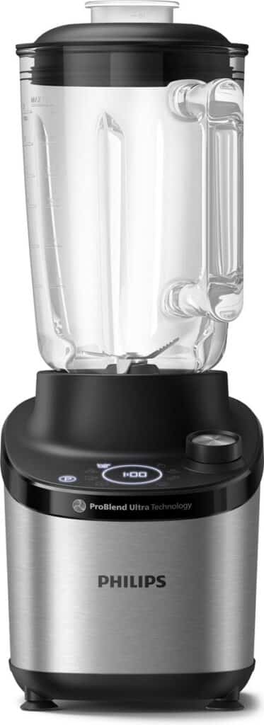 Philips blender met glazen kan en roestvrijstalen basis.
