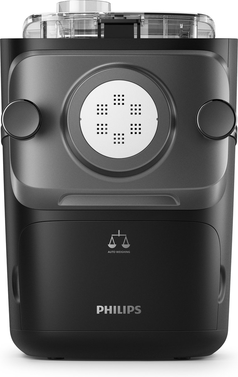 Zwarte Philips pastamachine met automatisch wegen.
