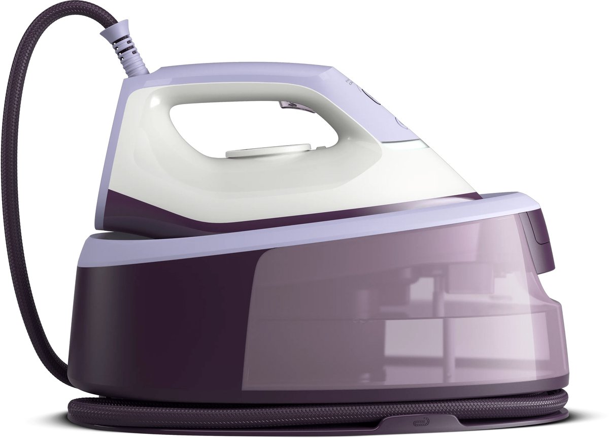 Purple steam generator iron on a white background