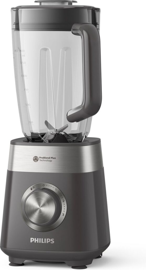 Donkergrijze blender met glazen kan en draaiknop