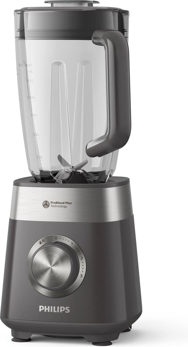 Donkergrijze blender met glazen kan en draaiknop