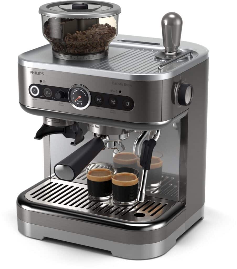 Espressomachine met bonencontainer en twee kopjes koffie.
