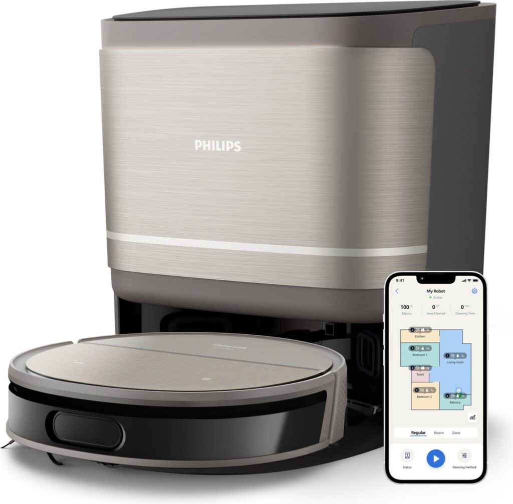 Robotstofzuiger met dockingstation en smartphone-app.