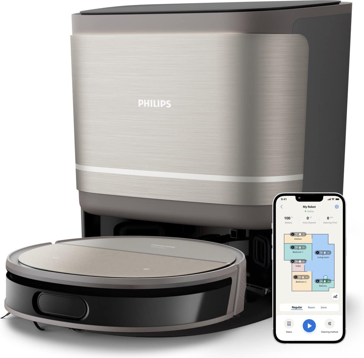 Robotstofzuiger met dockingstation en smartphone-app.