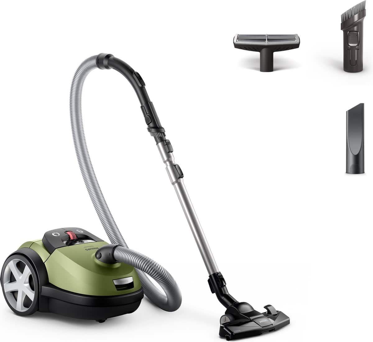 Groene stofzuiger met accessoires op witte achtergrond.