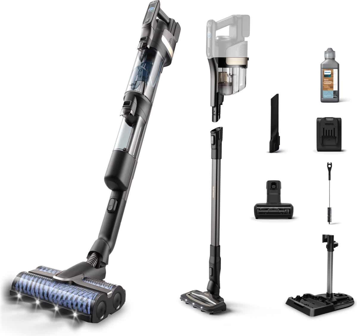Draadloze steelstofzuiger met accessoires en oplaadstation