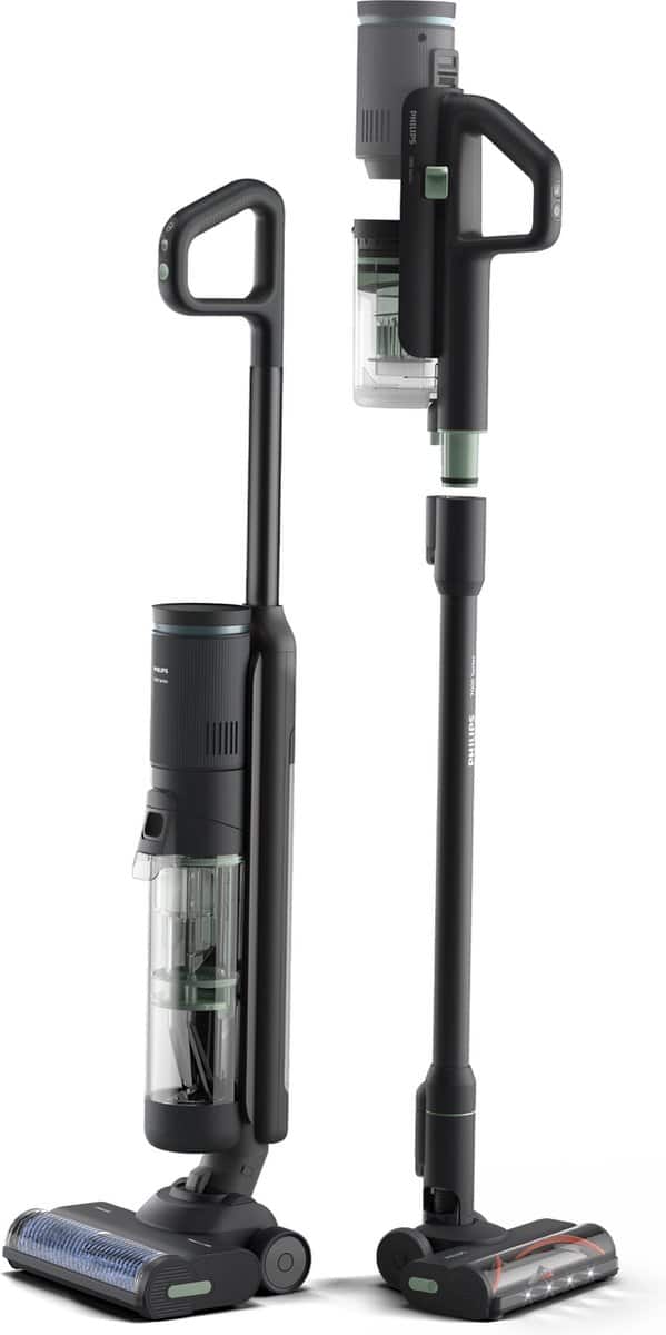 Draadloze steelstofzuiger met transparante stofreservoir.