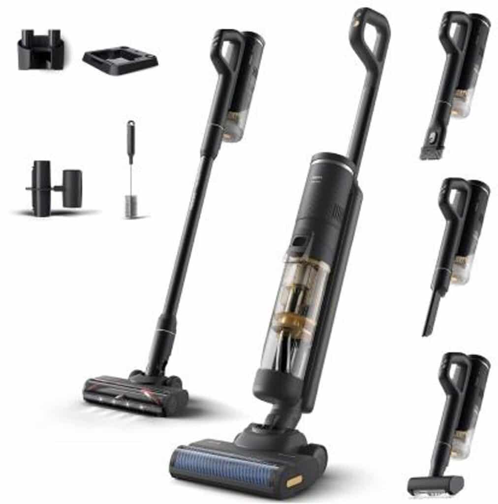 Draadloze stofzuiger met accessoires, veelzijdig ontwerp.