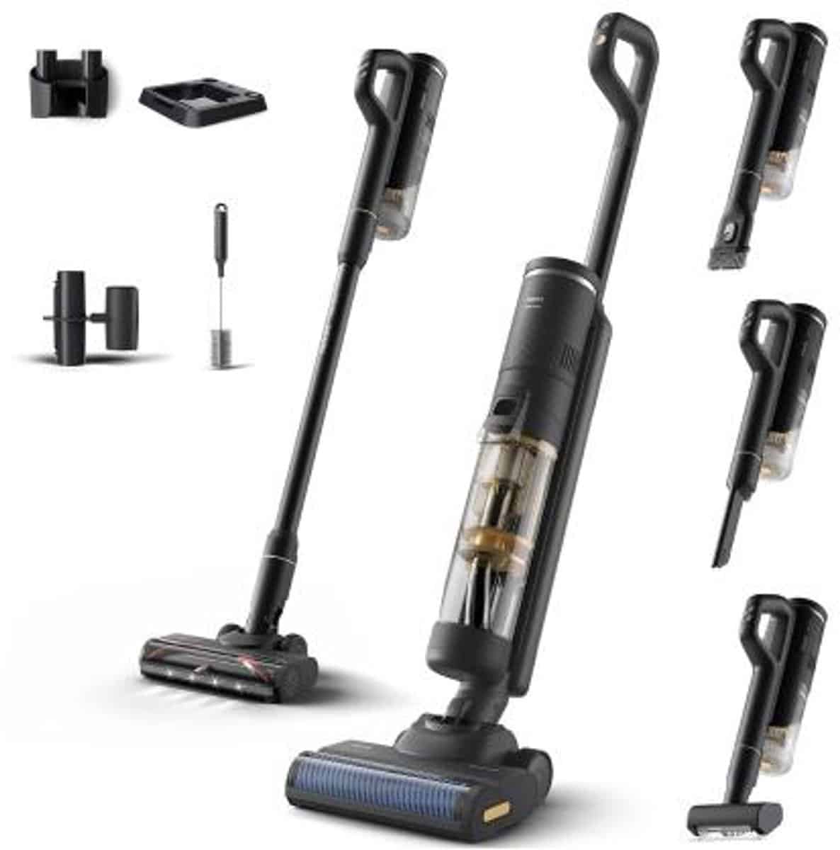 Draadloze stofzuiger met accessoires, veelzijdig ontwerp.