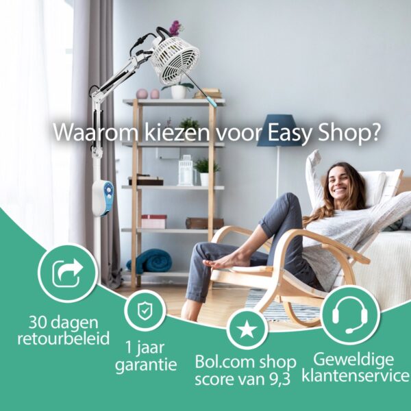 Easy Shop voordelen: retourbeleid, garantie, klantenscore.