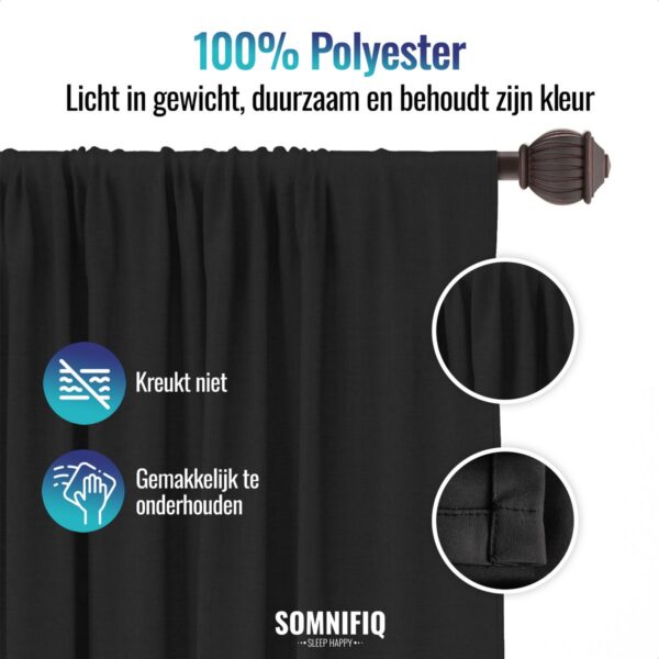 Zwarte polyester gordijn, kreukvrij en onderhoudsvriendelijk.