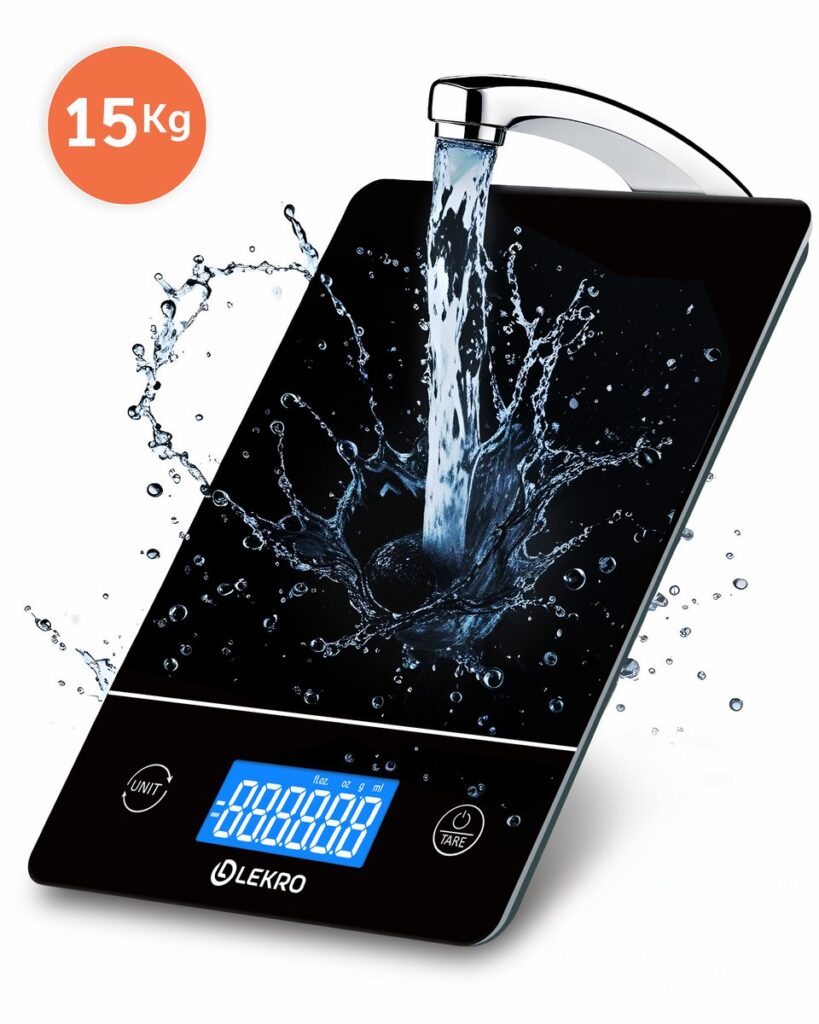 Digitale weegschaal met waterbestendige functie, 15 kg capaciteit.