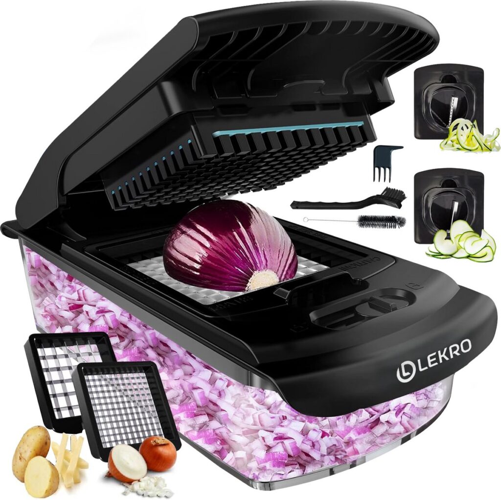 Groentesnijder met dunschiller en raspaccessoires voor groenten.