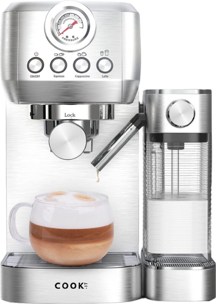Stainless steel espresso machine with milk frother and latte