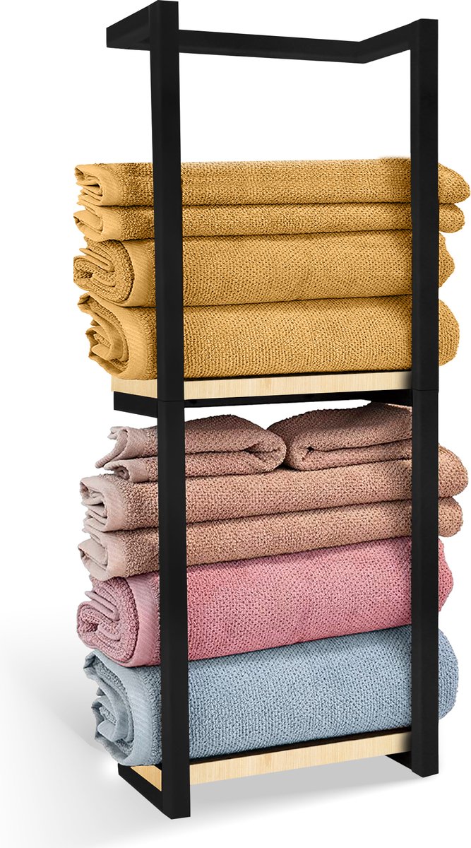 Zwarte handdoekrek met gevouwen gekleurde handdoeken