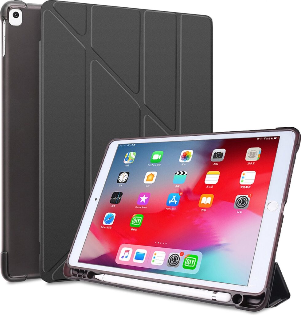 Tablet met zwarte beschermhoes en standaardfunctie