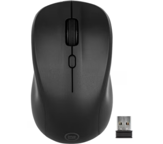 Zwarte draadloze computermuis en USB-ontvanger