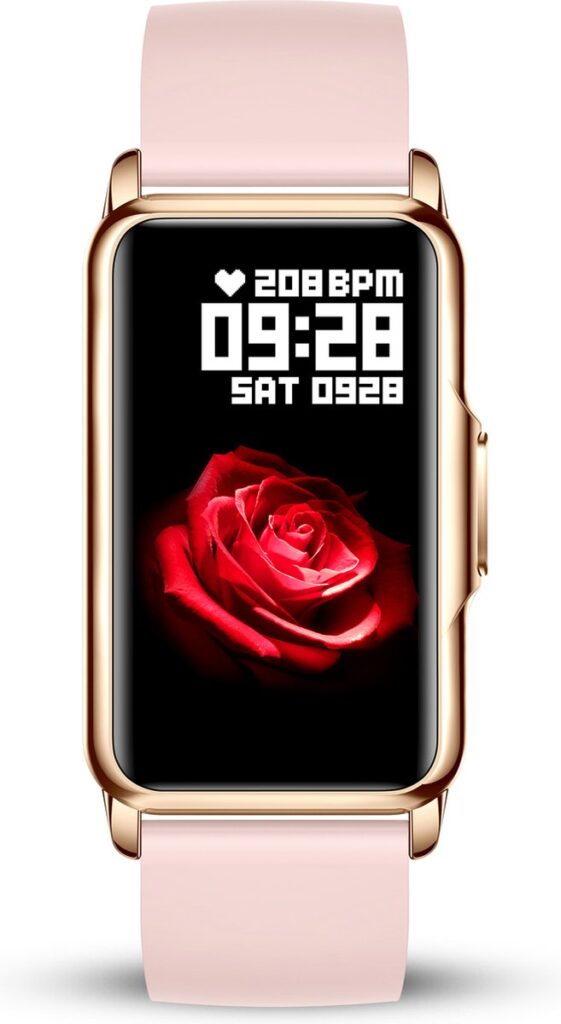 Smartwatch met rosé wijzerplaat en roosachtergrond.
