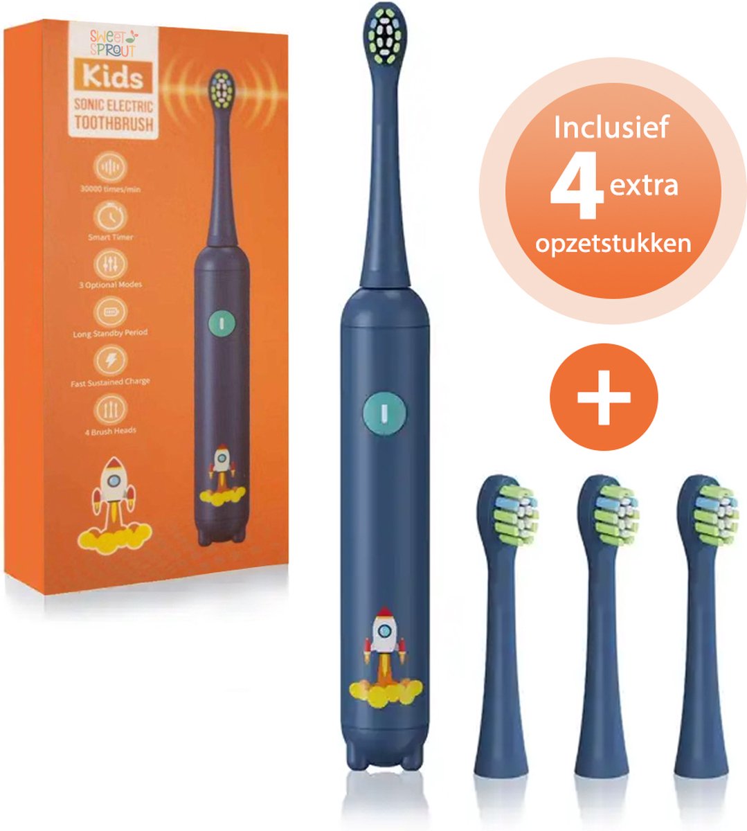 Electric children's toothbrush with four extra attachments.