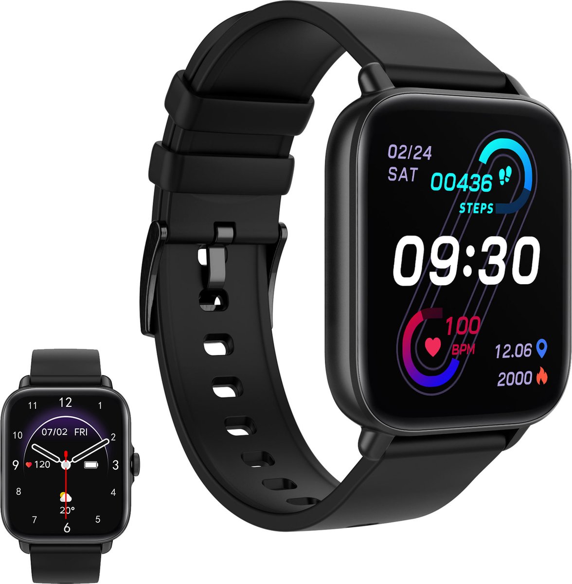 Black smartwatch with pedometer and heart rate monitor.
