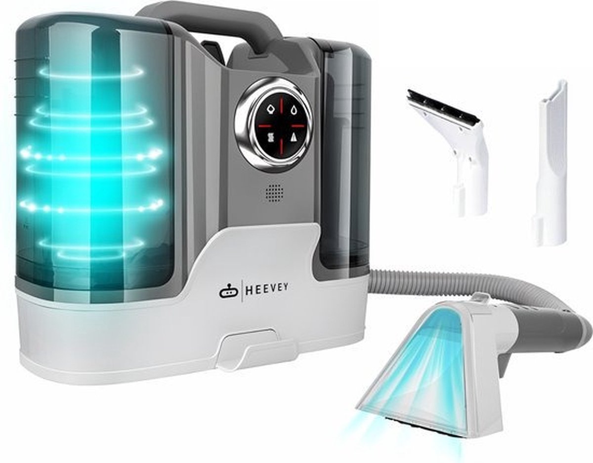 Stoomreiniger met accessoires en waterreservoir.