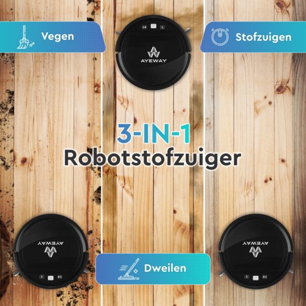 3-in-1 robotstofzuiger veegt, zuigt en dweilt.