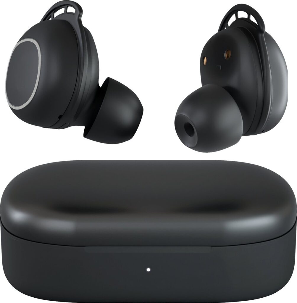 Draadloze oordopjes met oplaadcase, zwart ontwerp.