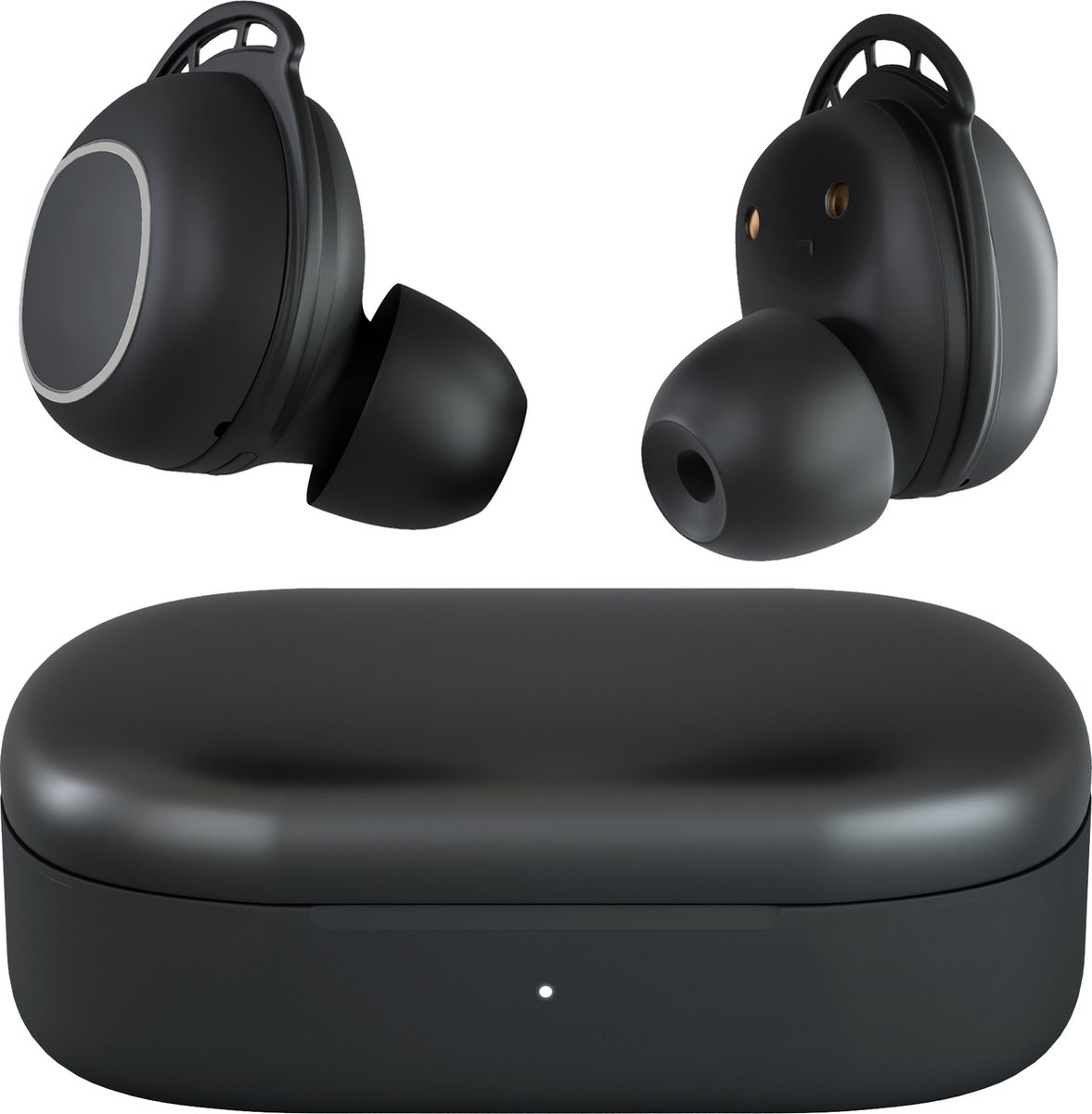 Draadloze oordopjes met oplaadcase, zwart ontwerp.
