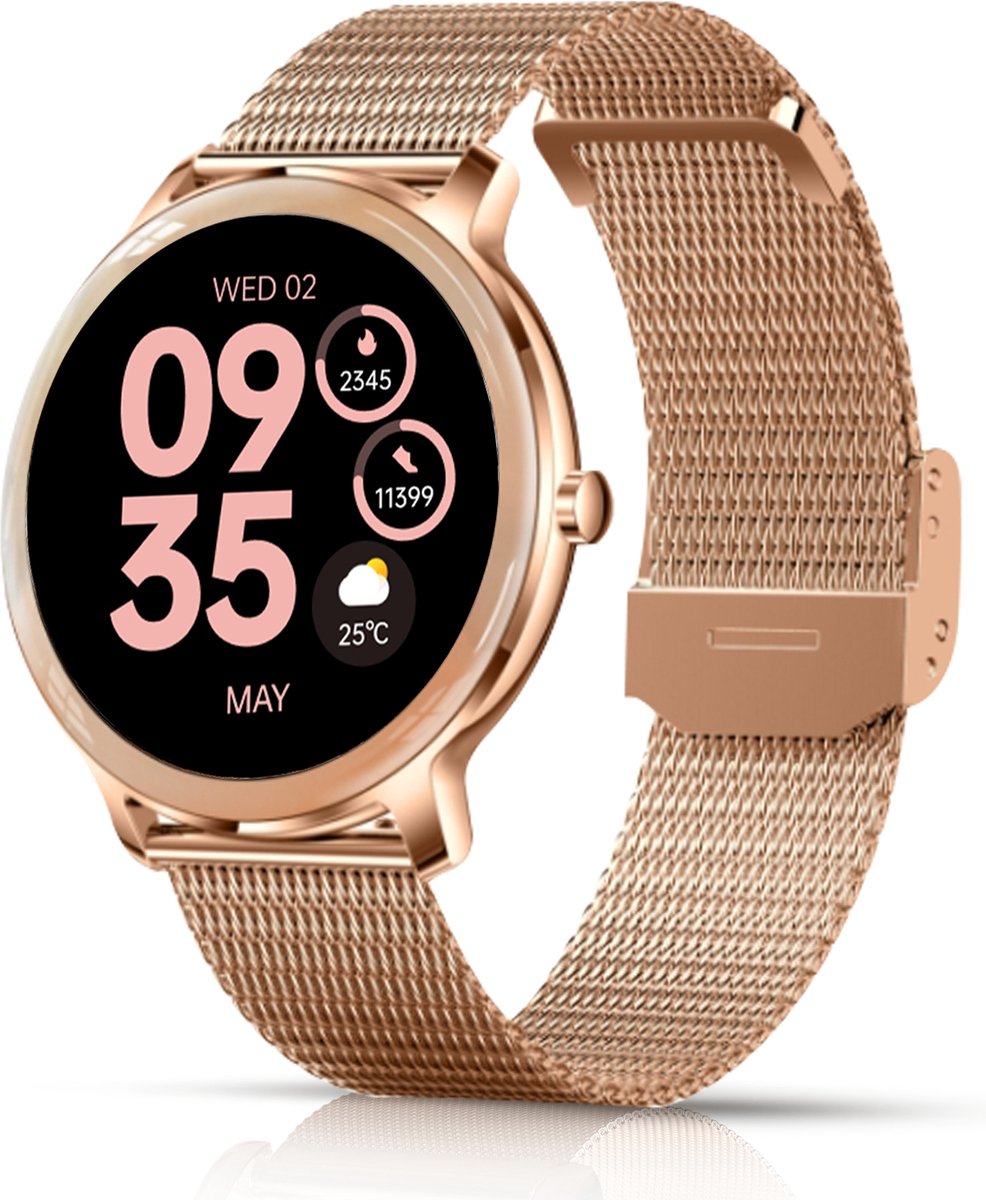 Roze smartwatch met metalen band en display.