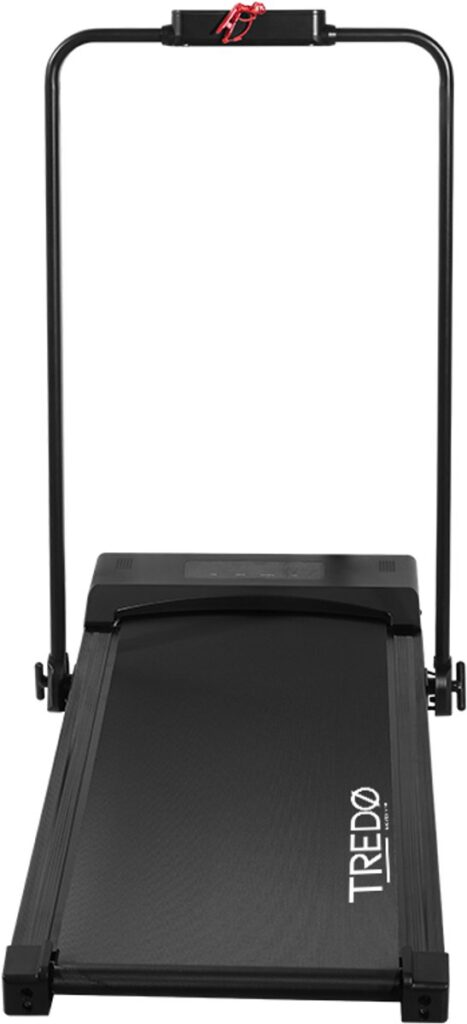 Opvouwbare loopband met handrail, zwart ontwerp.