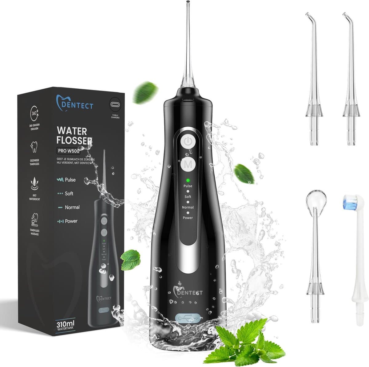 Zwarte waterflosser met opzetstukken en verpakking