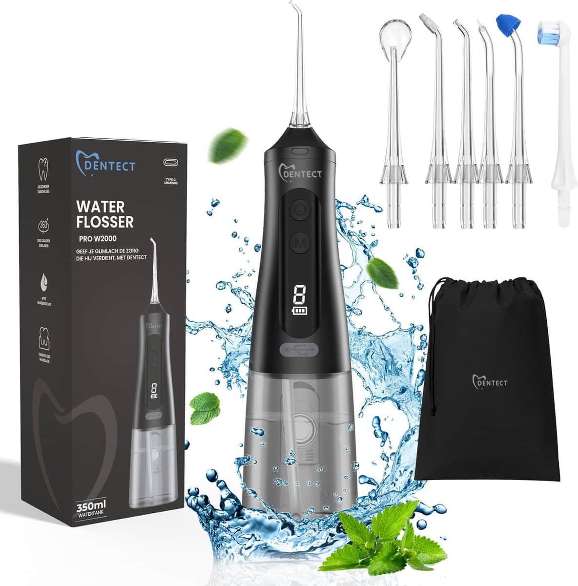 Elektrische waterflosser met accessoires en verpakking.