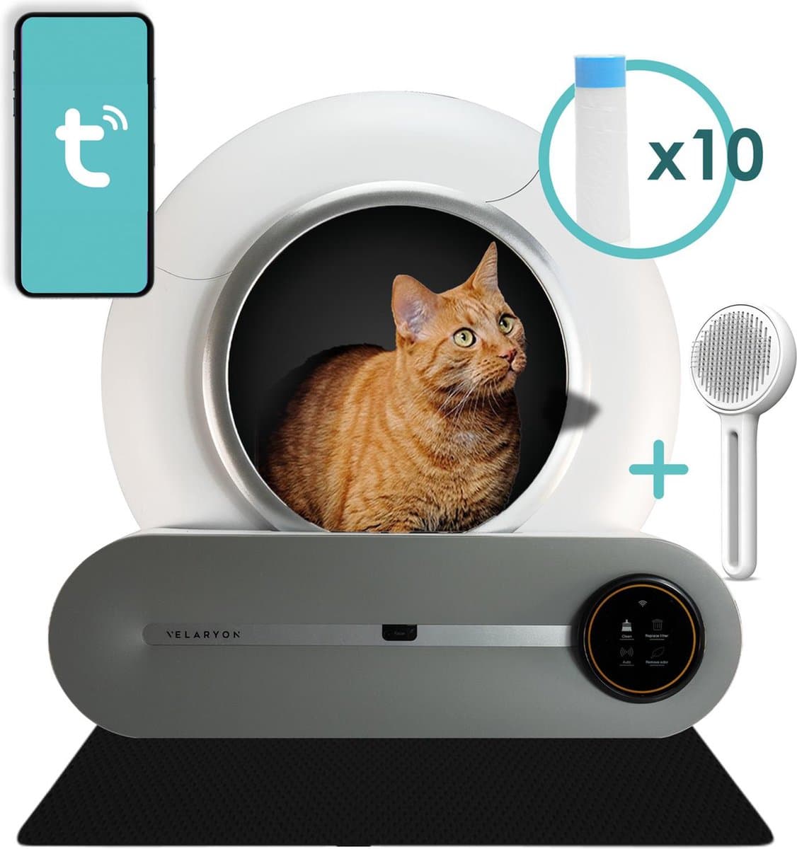Kattenbak met kat, app-bediening, vrouwenborstel.