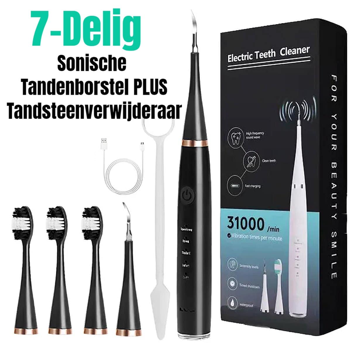 7-delige elektrische tandenborstelset met tandsteenverwijderaar.