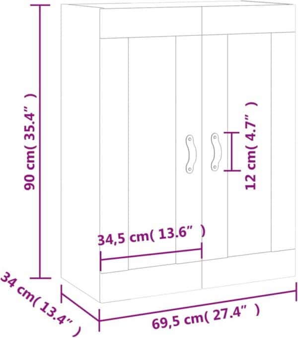 Schematische tekening van kastafmetingen in centimeters.