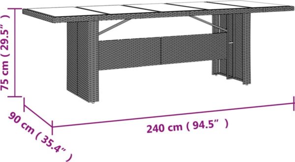 Afmetingen rechthoekige tafel: 240x90x75 cm.