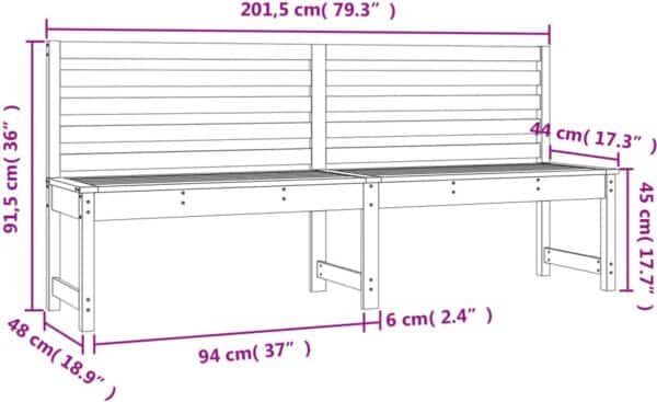 Afmetingen houten tuinbank met rugleuning.