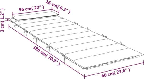 Opvouwbaar matras met afmetingen in centimeters.